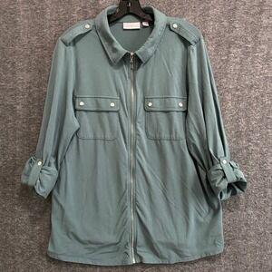 Belle by Kim Gravel TripleLuxe Shirt Womens 1X Green Utility Zip Front Roll Tab